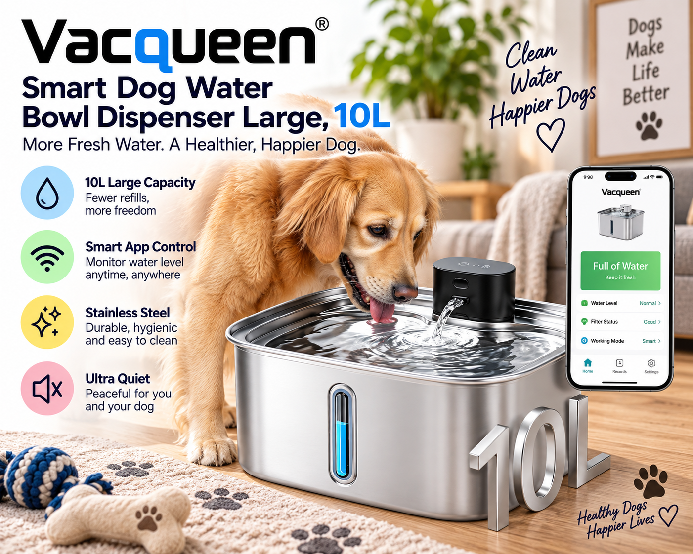 Vacqueen 10L Smart Dog Water Fountain for Large Dogs