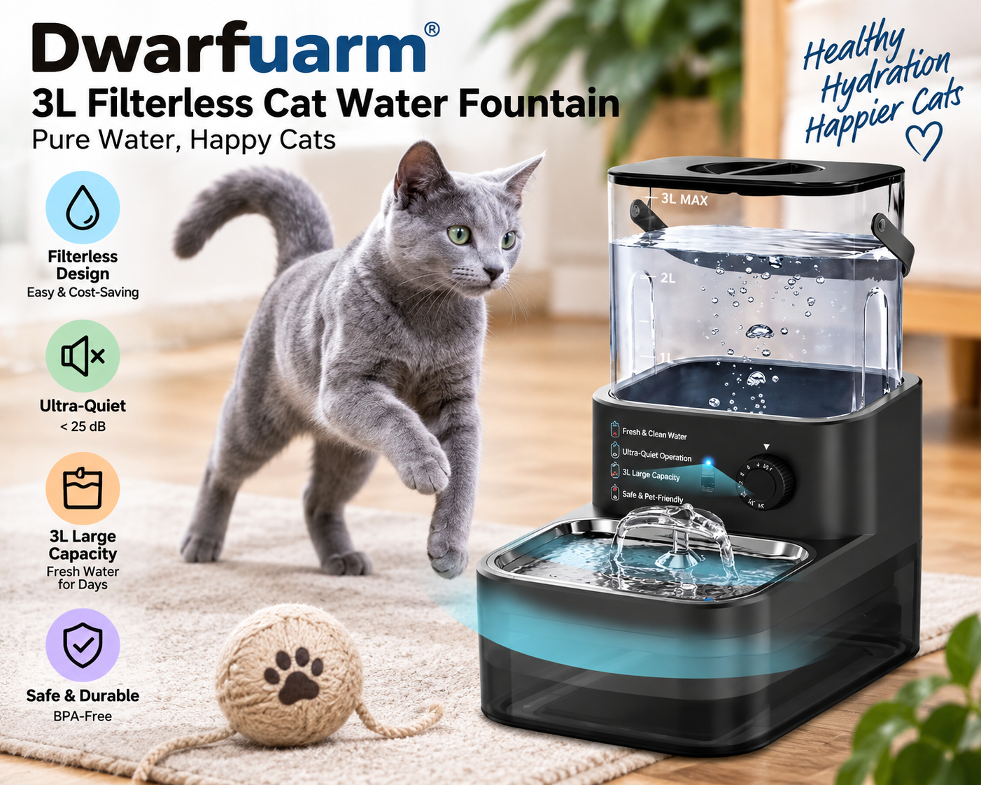 Dwarfuarm 3L filterless wireless cat water fountain