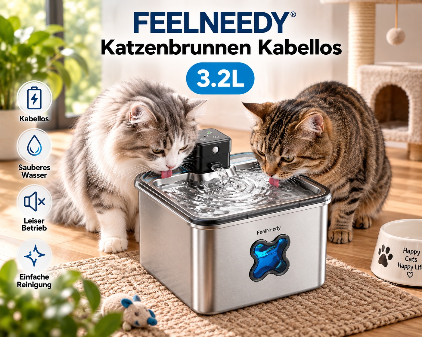 FEELNEEDY 3,2L kabelloser Katzenbrunnen aus Edelstahl
