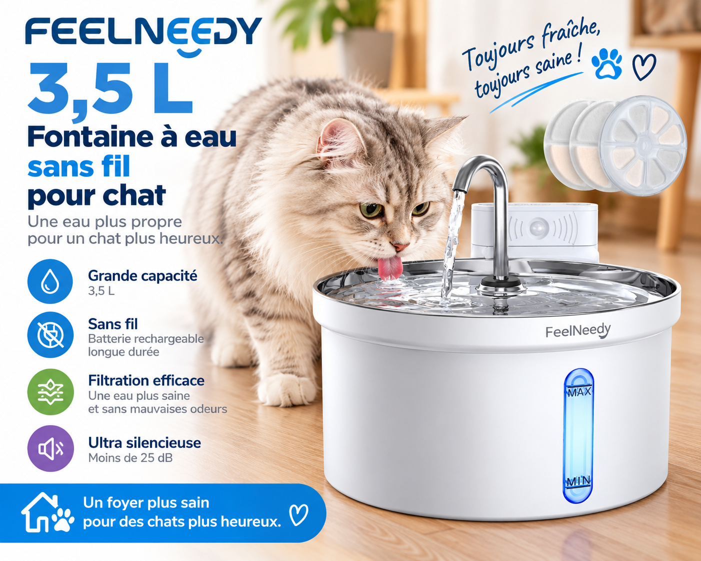 FEELNEEDY fontaine à eau sans fil 3,5 L pour chat avec batterie rechargeable et filtration à 5 niveaux