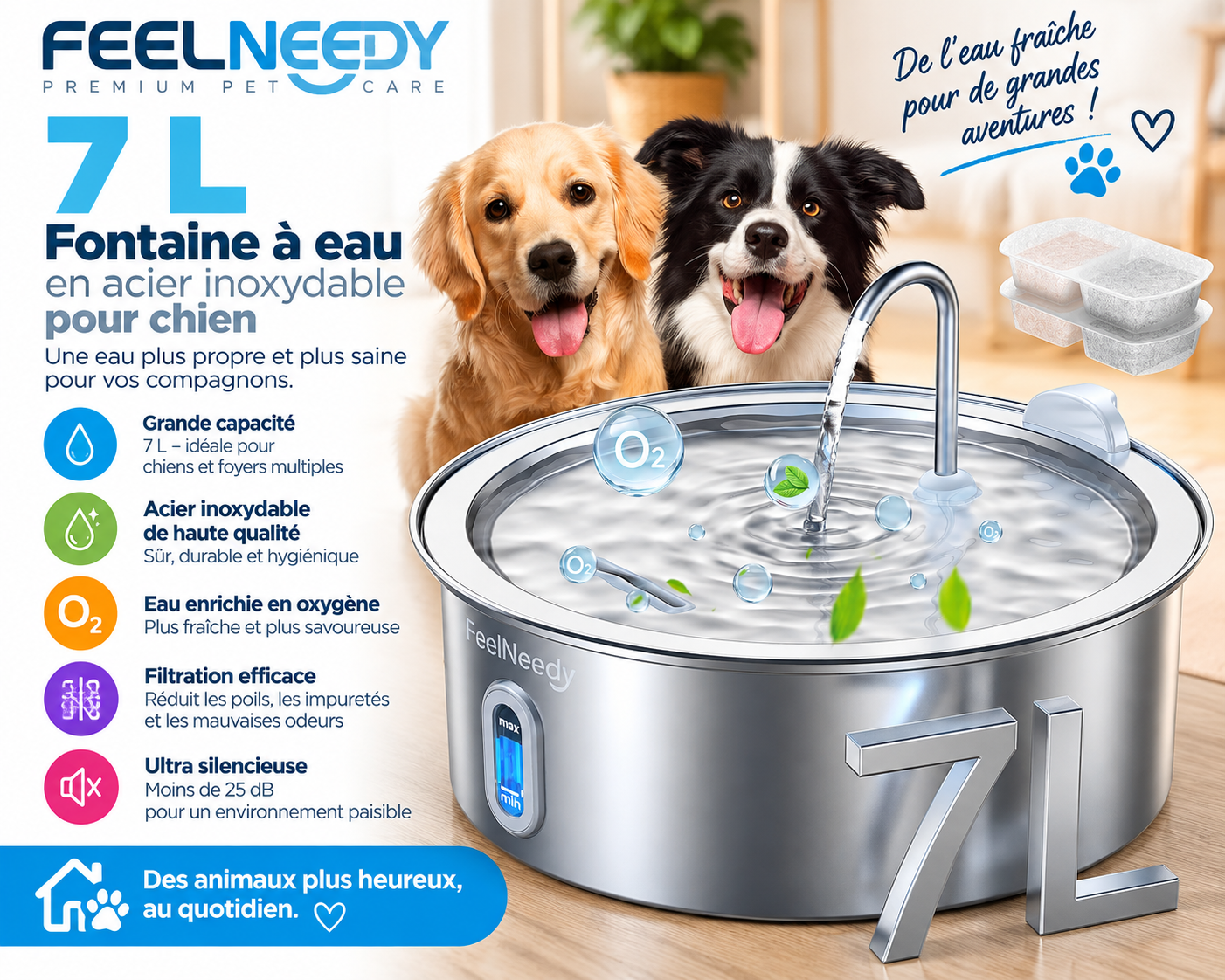 FEELNEEDY fontaine à eau 7 L en acier inoxydable pour chien avec filtration à 4 couches
