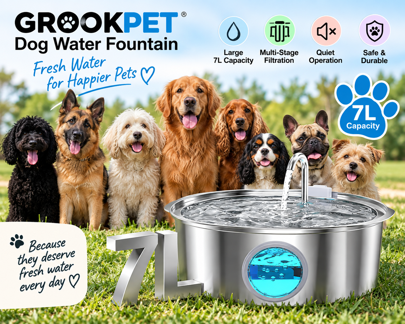 GROOKPET 7L stainless steel dog water fountain