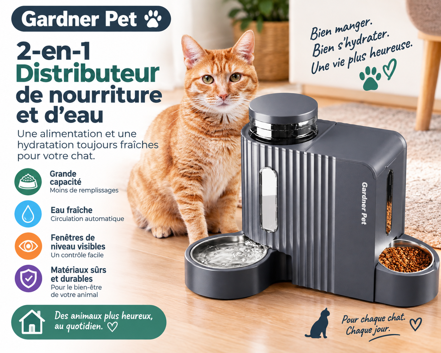 Gardner Pet distributeur 2-en-1 de nourriture et d’eau par gravité pour chat