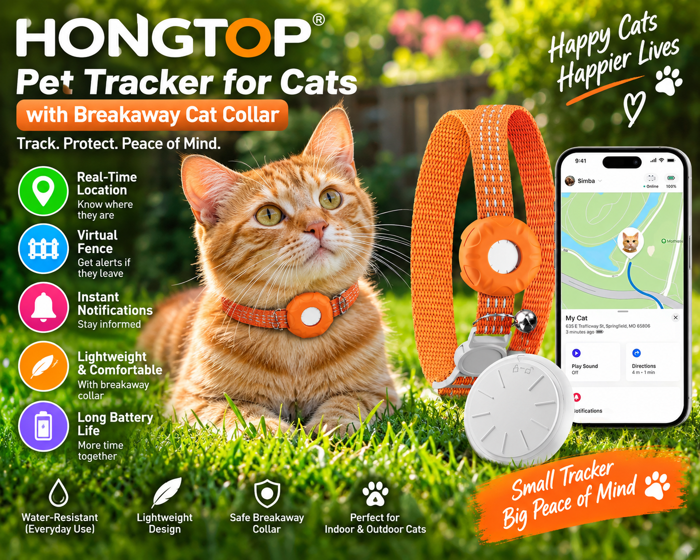 HONGTOP H Find My cat tracker with orange breakaway collar