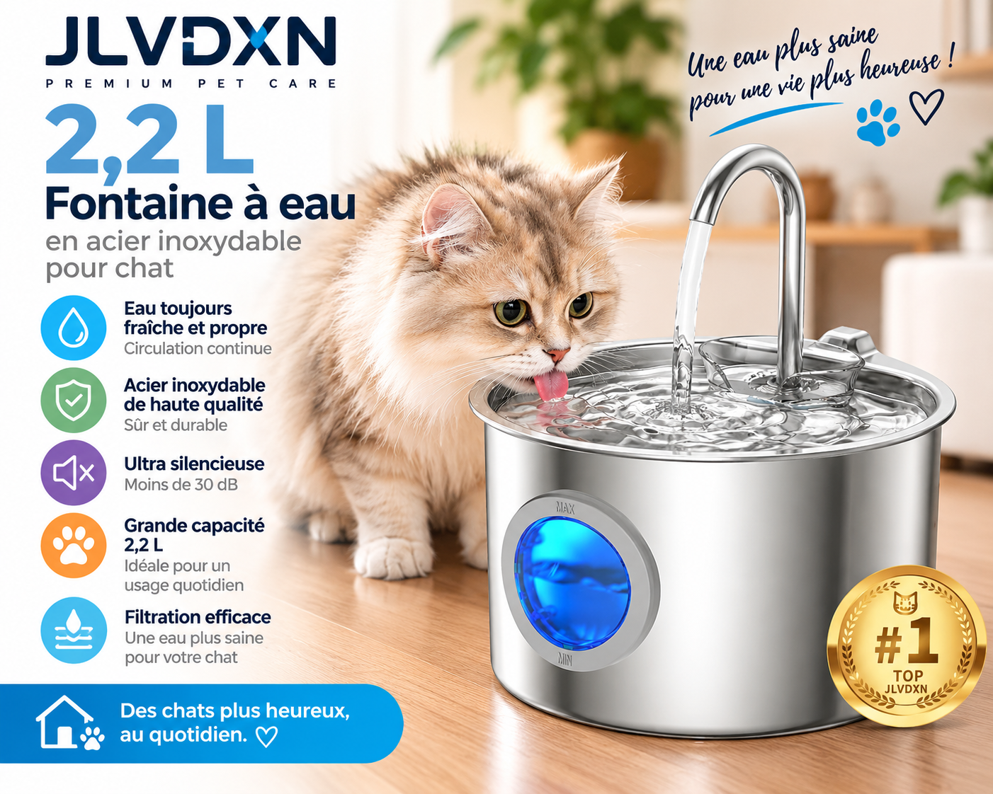 JLVDXN fontaine à eau 2,2 L en acier inoxydable pour chat avec filtration en 3 étapes