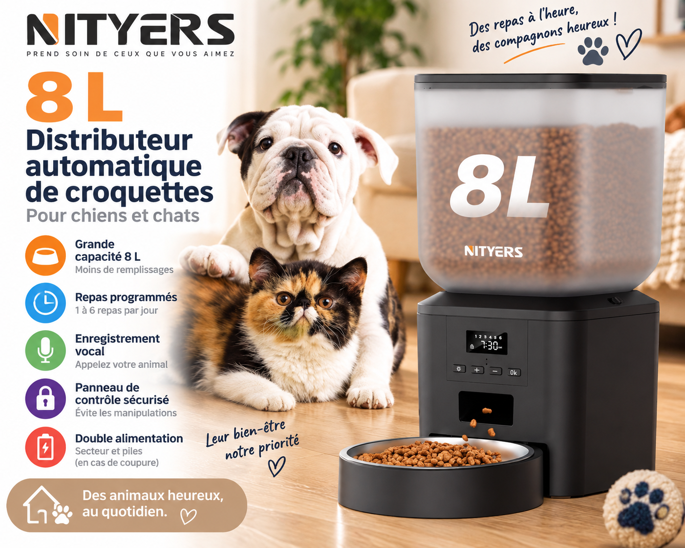 Nityers distributeur automatique de croquettes 8 L pour chien avec contrôle des portions