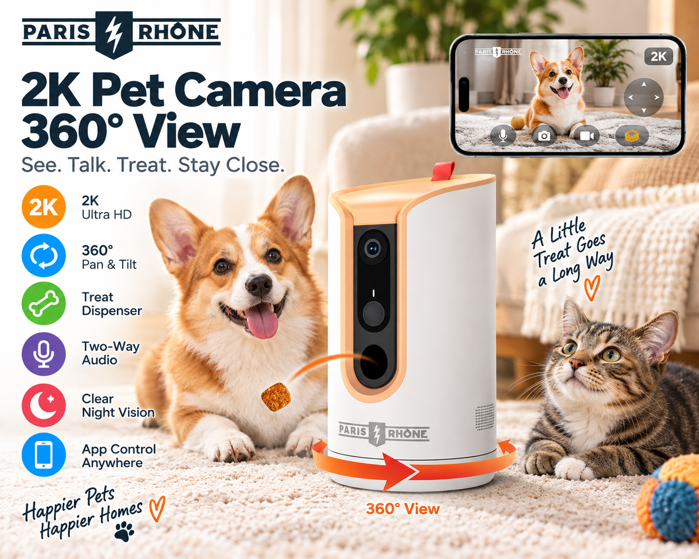 PARIS RHÔNE 2K pet camera with treat dispenser and 360 degree view