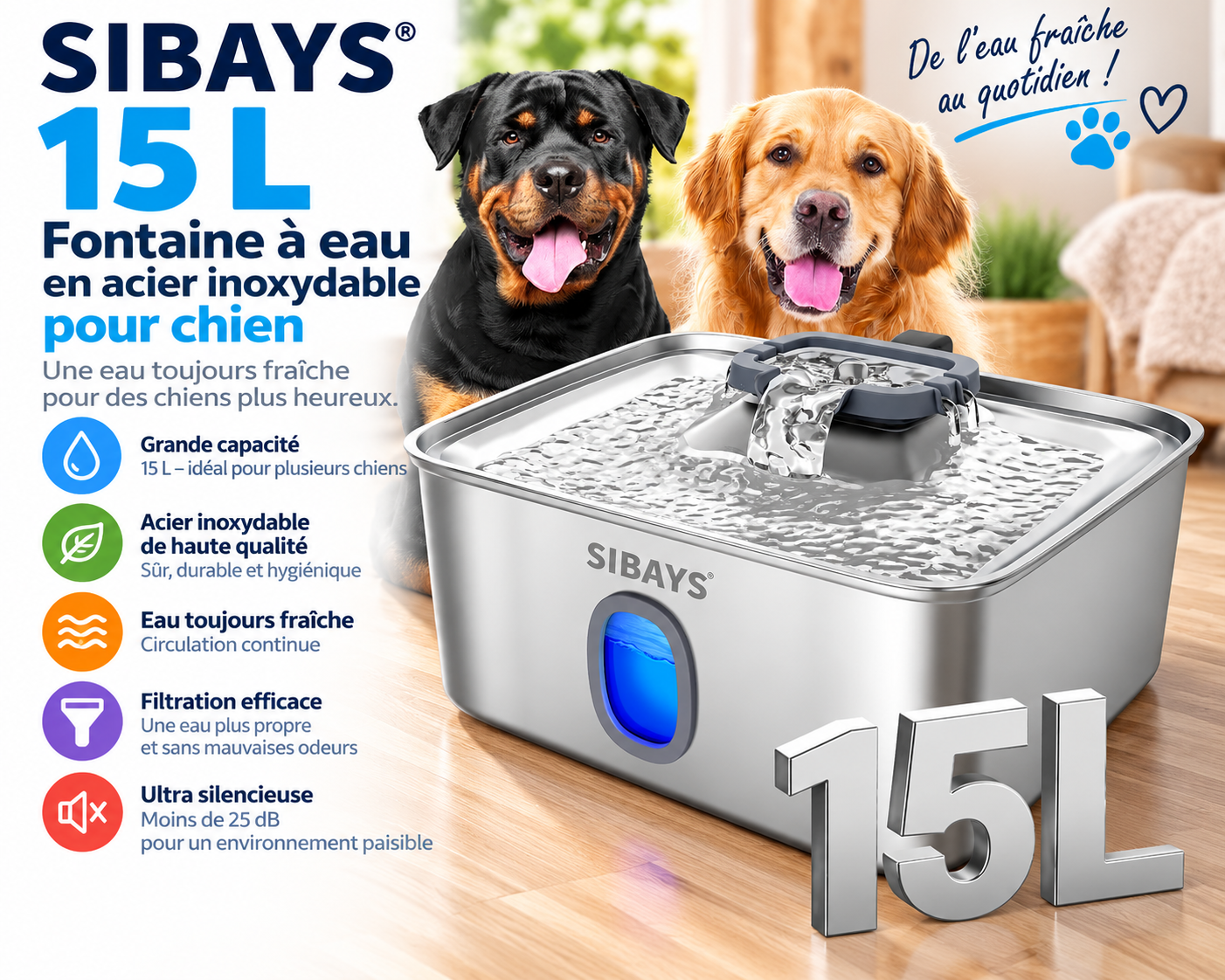 SIBAYS fontaine à eau 15 L en acier inoxydable pour chien avec filtration à 5 étapes