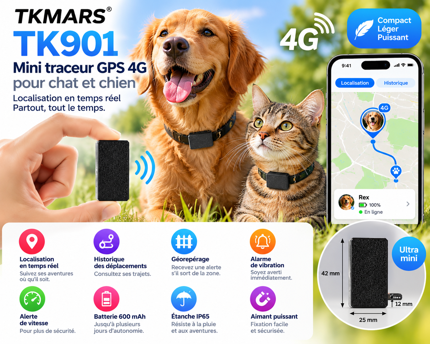 TKMARS TK901 mini traceur GPS 4G pour chat et chien avec suivi en temps réel