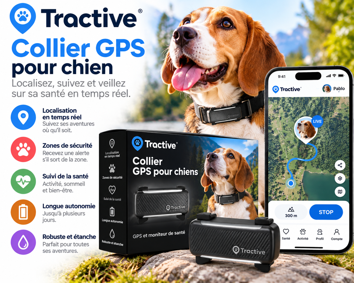 Tractive collier GPS pour chien avec suivi en temps réel clôtures virtuelles et alertes anti-fugue