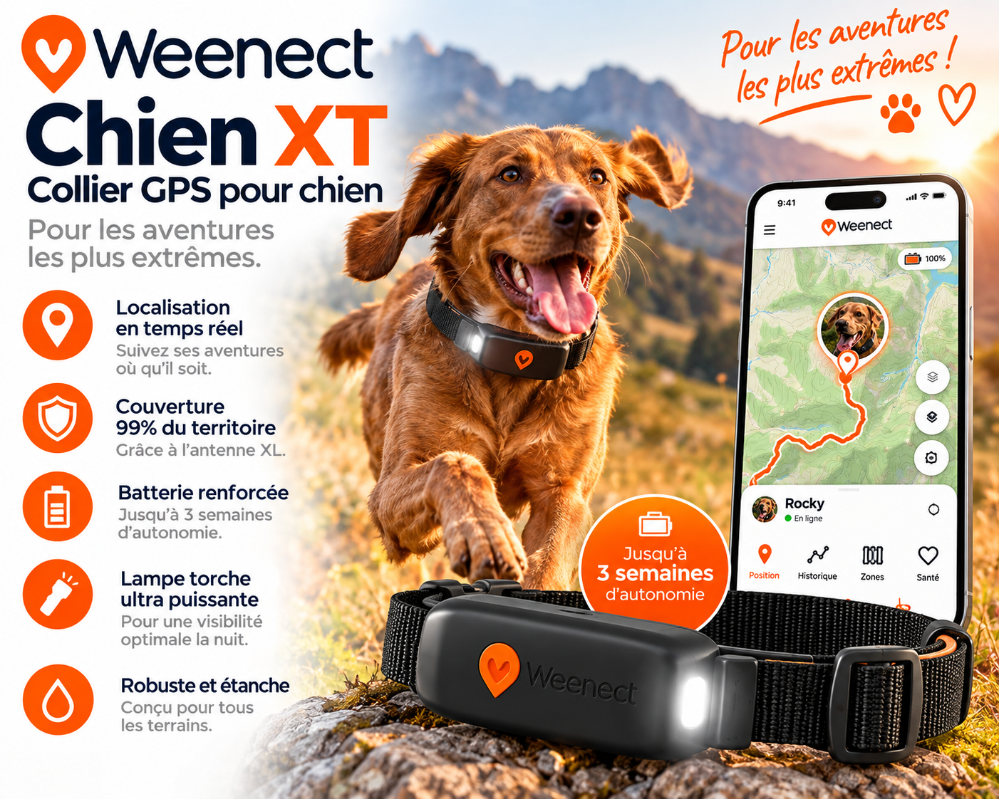 Weenect Chien XT collier GPS pour chien avec antenne XL alertes anti-fugue et autonomie longue durée