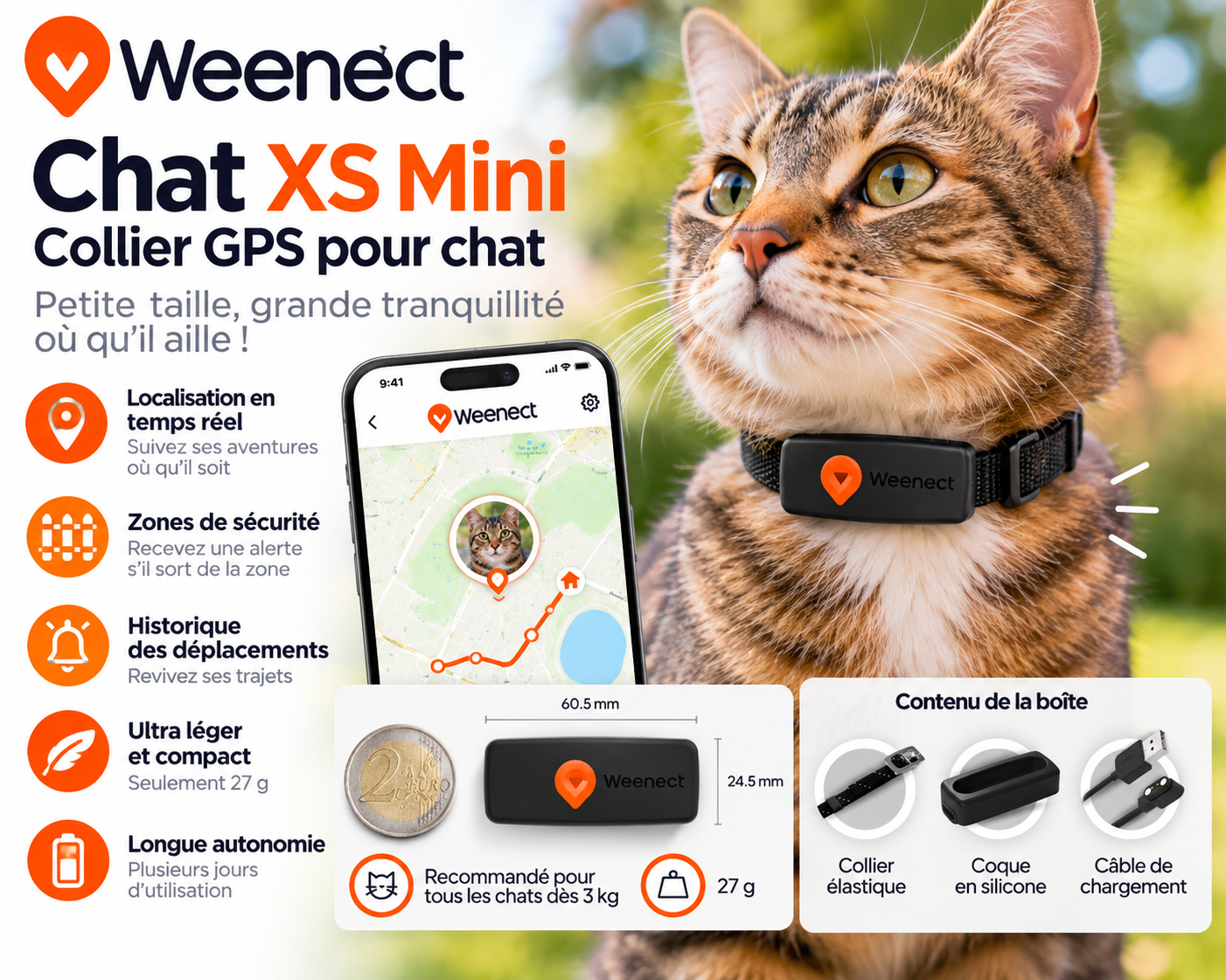Weenect Chat XS mini collier GPS pour chat avec suivi en temps réel et alertes de zone