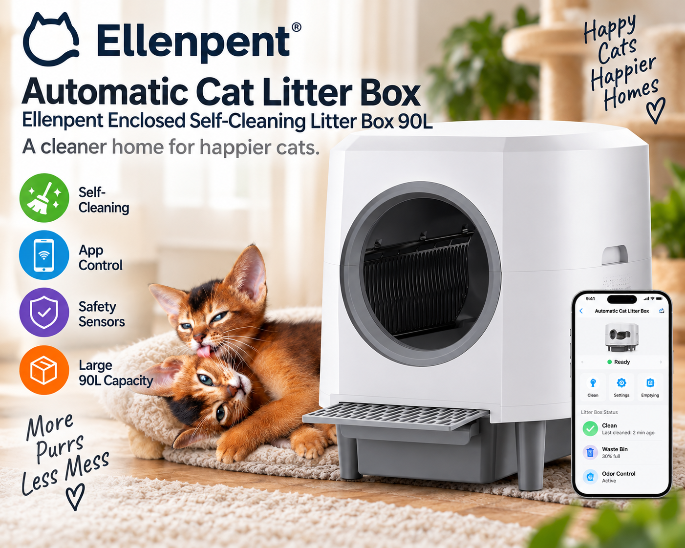 Ellenpent 90L enclosed self-cleaning litter box with app control and safety sensors