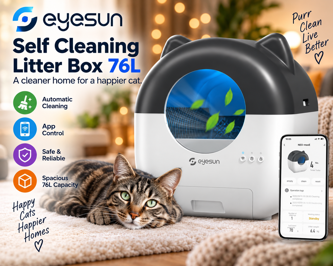 EYESUN 76L automatic self-cleaning cat litter box with app control and safety sensors