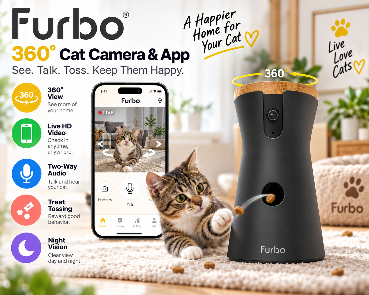 Furbo 360 Cat Camera with treat dispenser and interactive feather wand