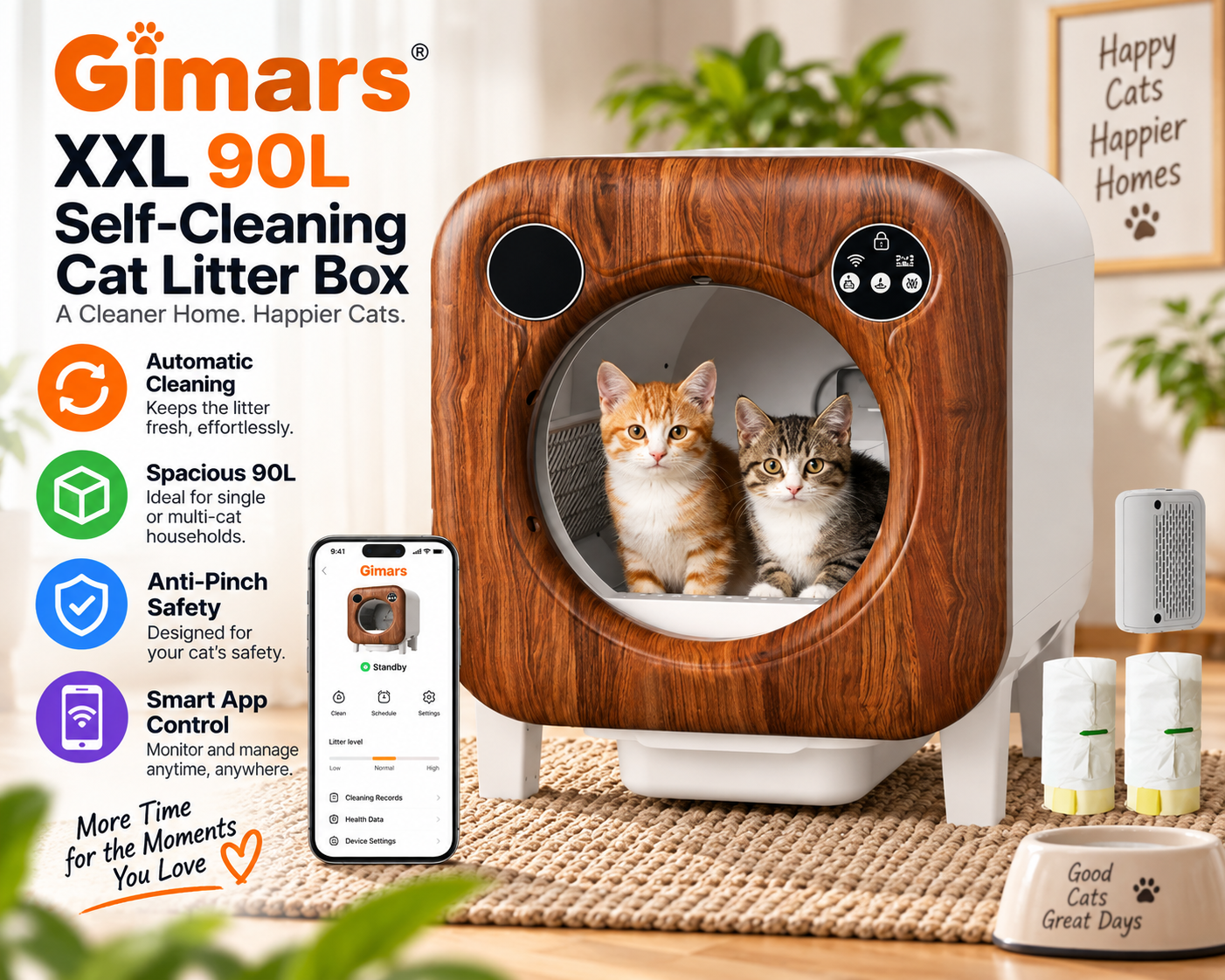 Gimars XXL 90L self-cleaning cat litter box with wood-look front panel