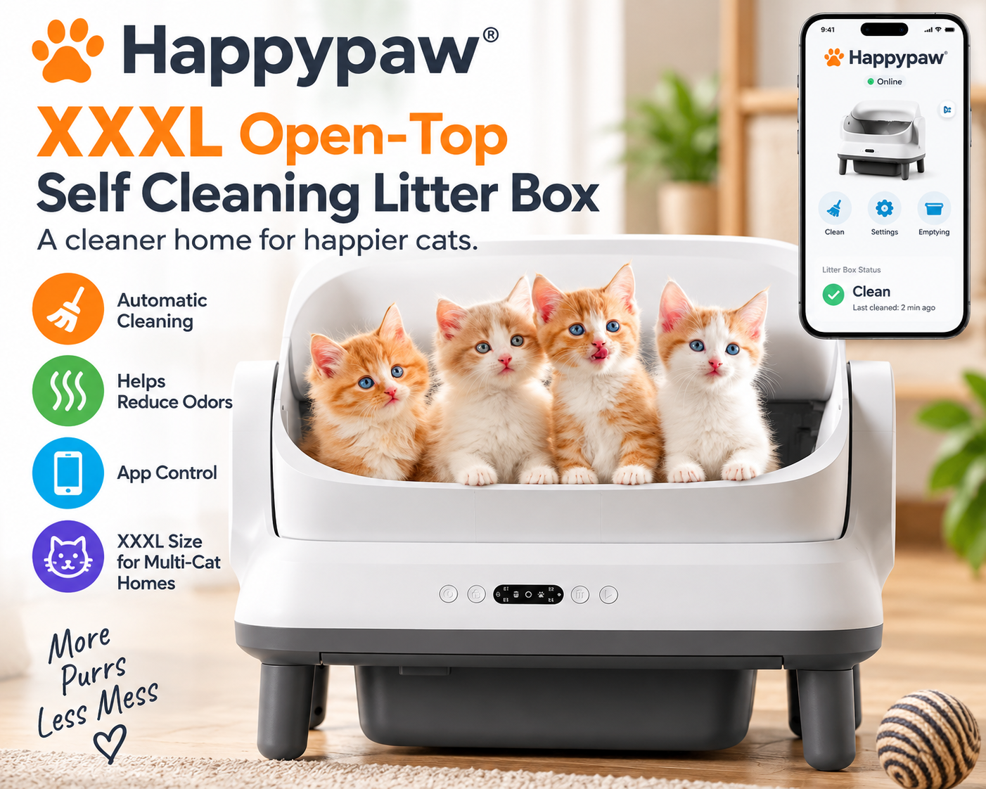 Happypaw XXXL open-top self-cleaning litter box for large and multiple cats