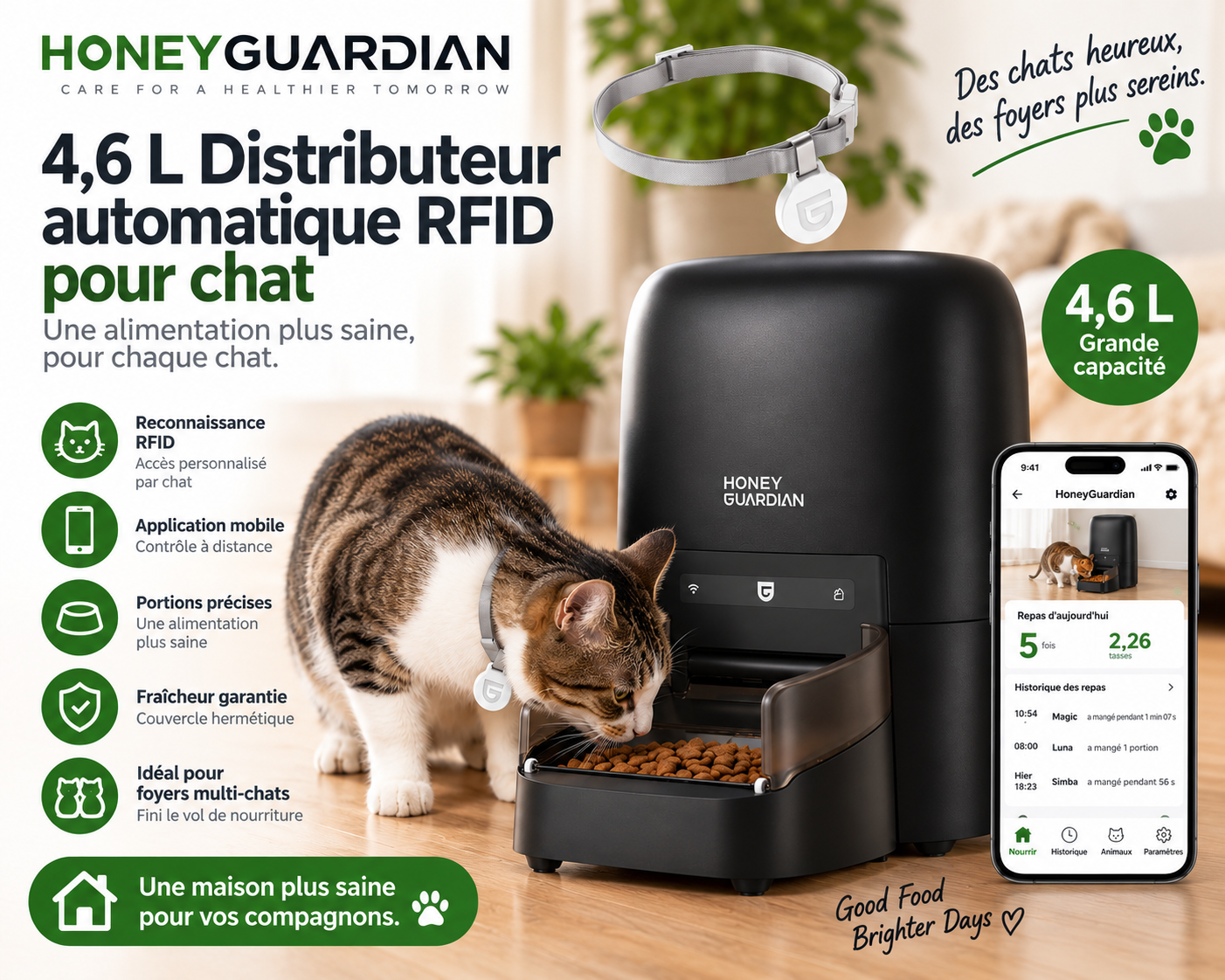 HoneyGuardian distributeur automatique RFID 4,6 L pour chat avec contrôle par application