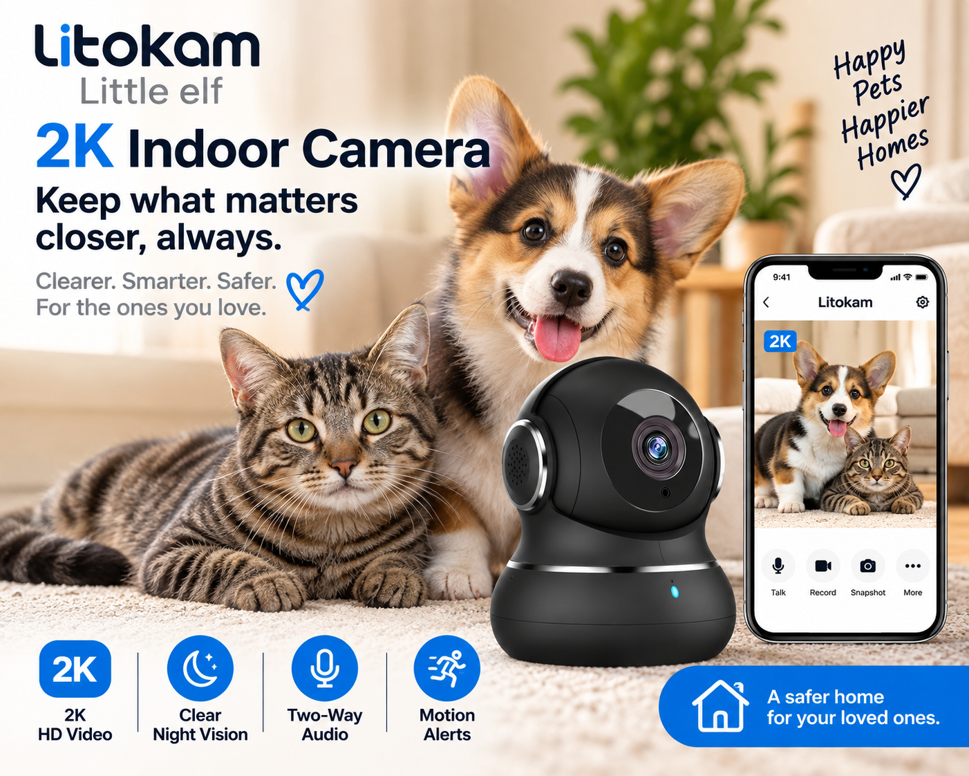 Litokam Little elf 2K pet camera with 360 degree motion tracking