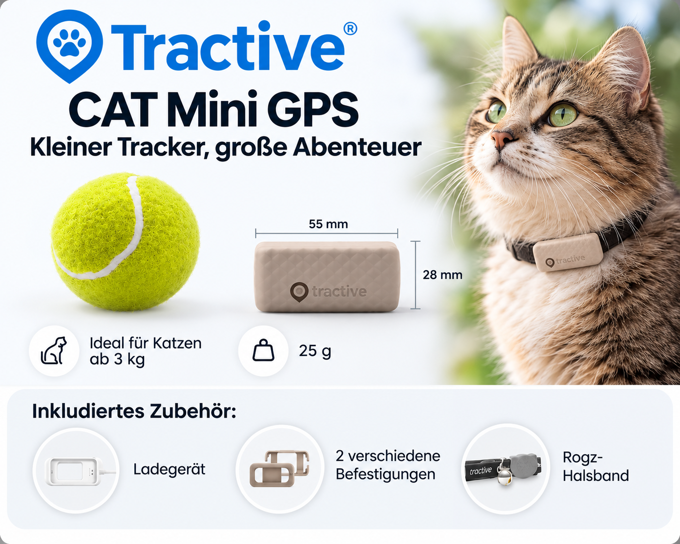 Tractive CAT Mini GPS Tracker für Katzen mit Halsband und Zubehör