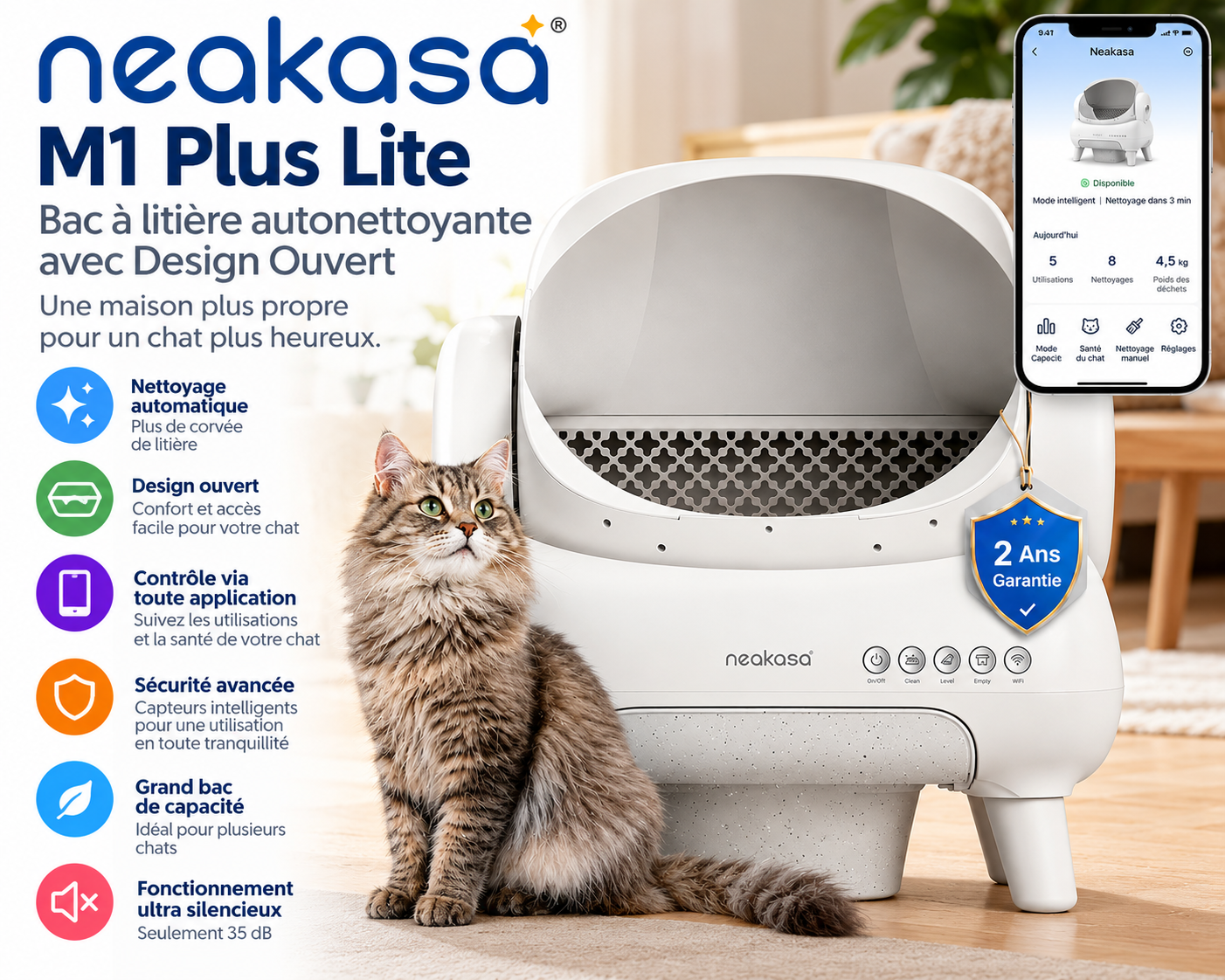 Litière autonettoyante ouverte Neakasa M1 Plus Lite pour chat avec contrôle par application