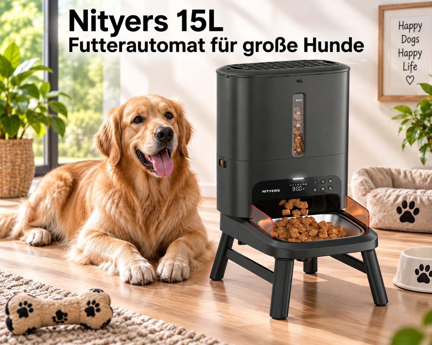 Nityers 15L Futterautomat für große Hunde mit verstellbarem Ständer
