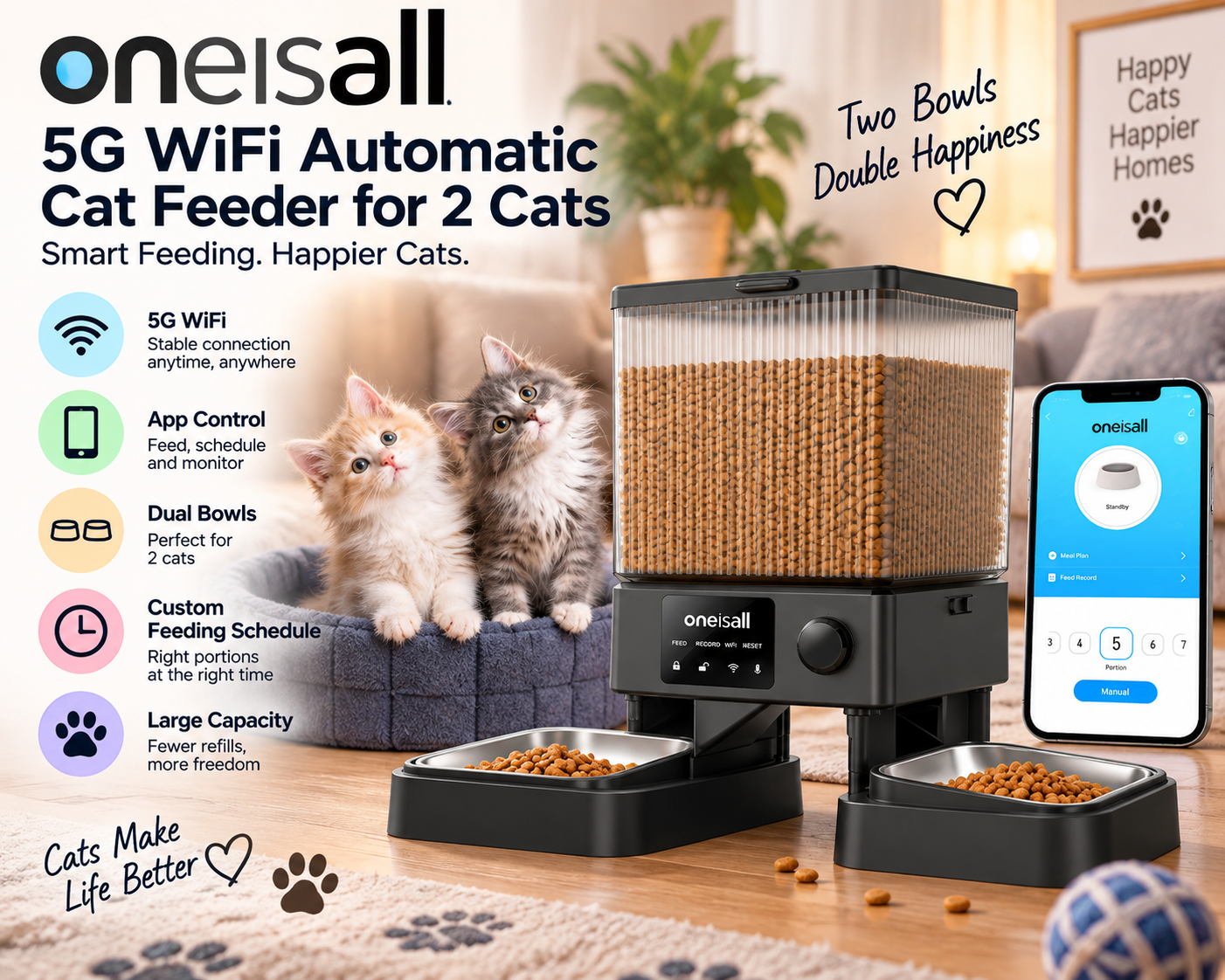 oneisall 5L WiFi Automatic Feeder for Two Cats
