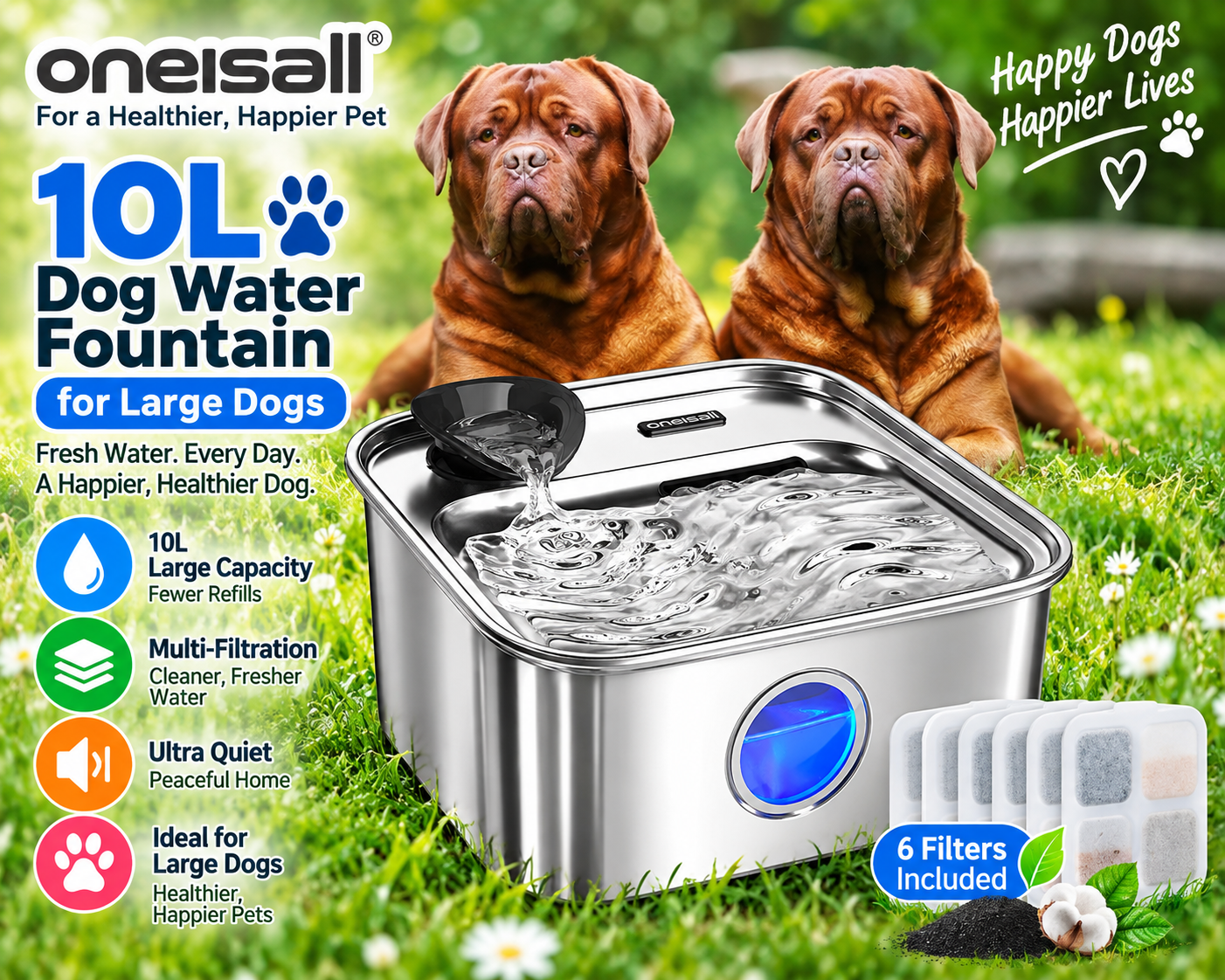 oneisall 10L stainless steel dog water fountain for large dogs