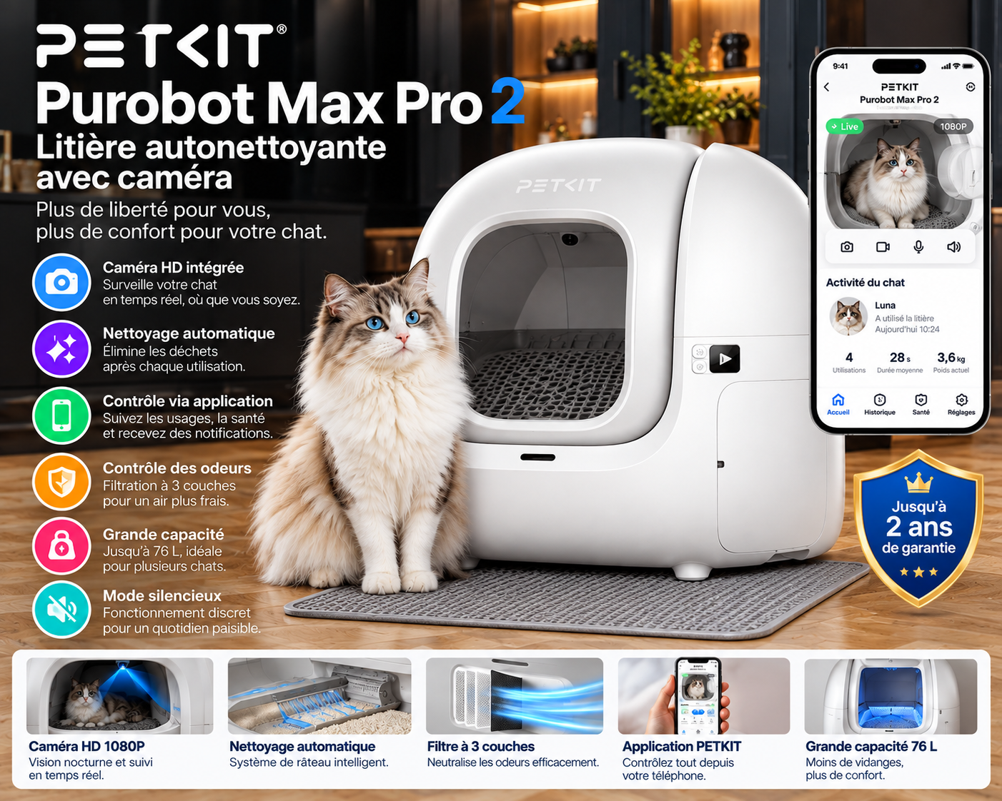 Litière autonettoyante PETKIT Purobot Max Pro 2 pour chat avec caméra intégrée