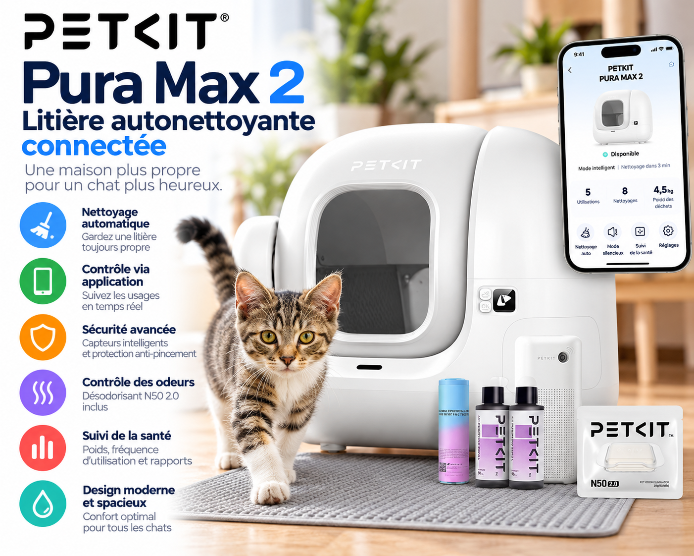 Litière autonettoyante connectée PETKIT Pura Max 2 pour chat avec contrôle par application