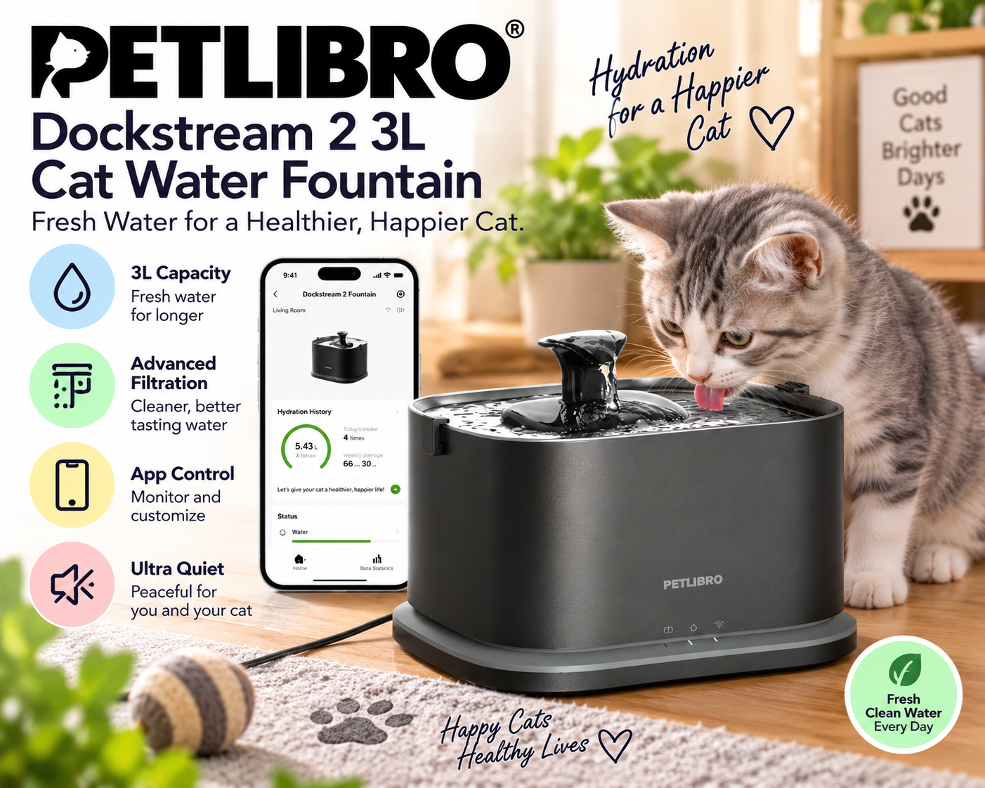 PETLIBRO Dockstream 2 3L Stainless Steel Cat Water Fountain