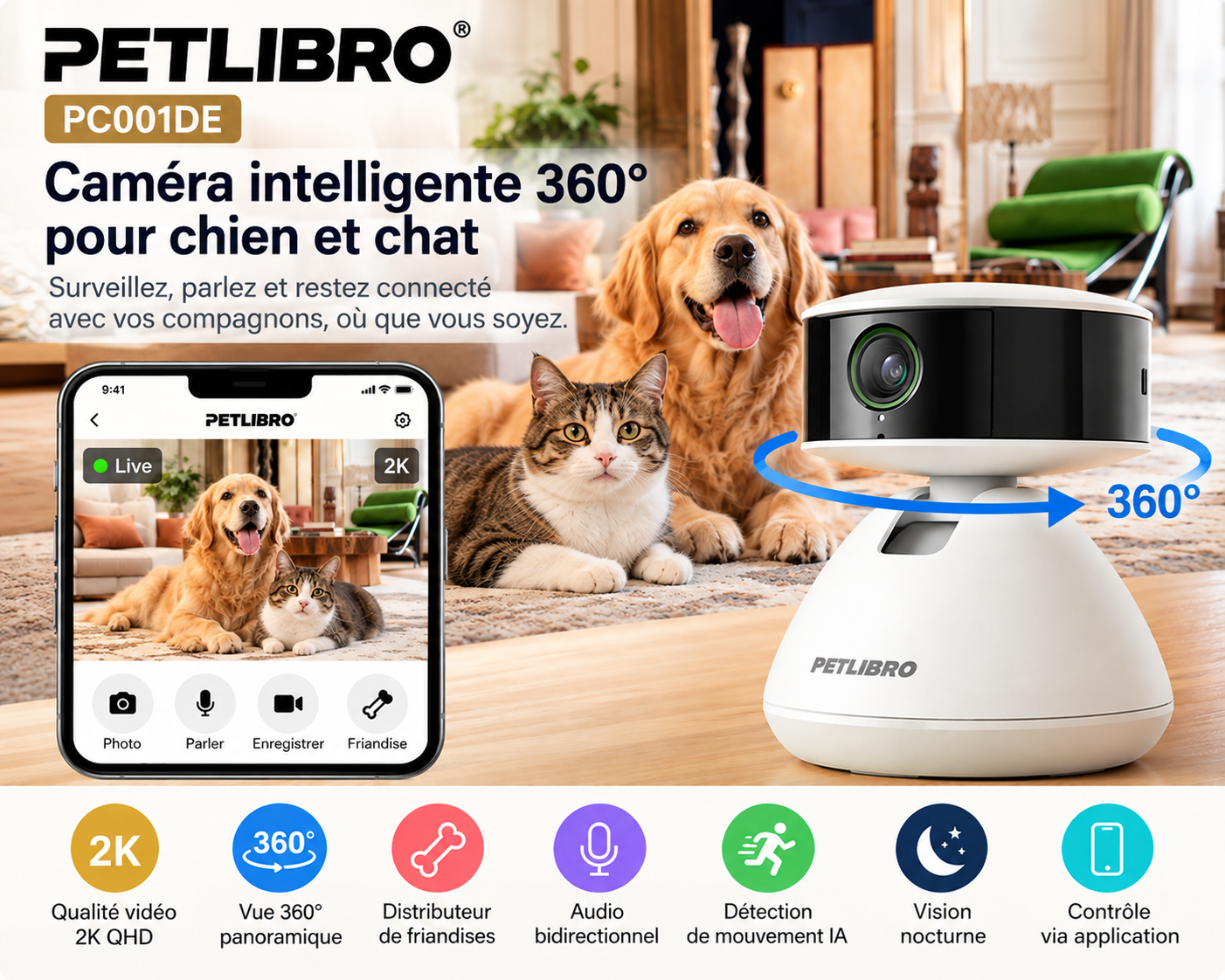 Caméra intérieure PETLIBRO PC001DE 360° pour surveiller chien et chat