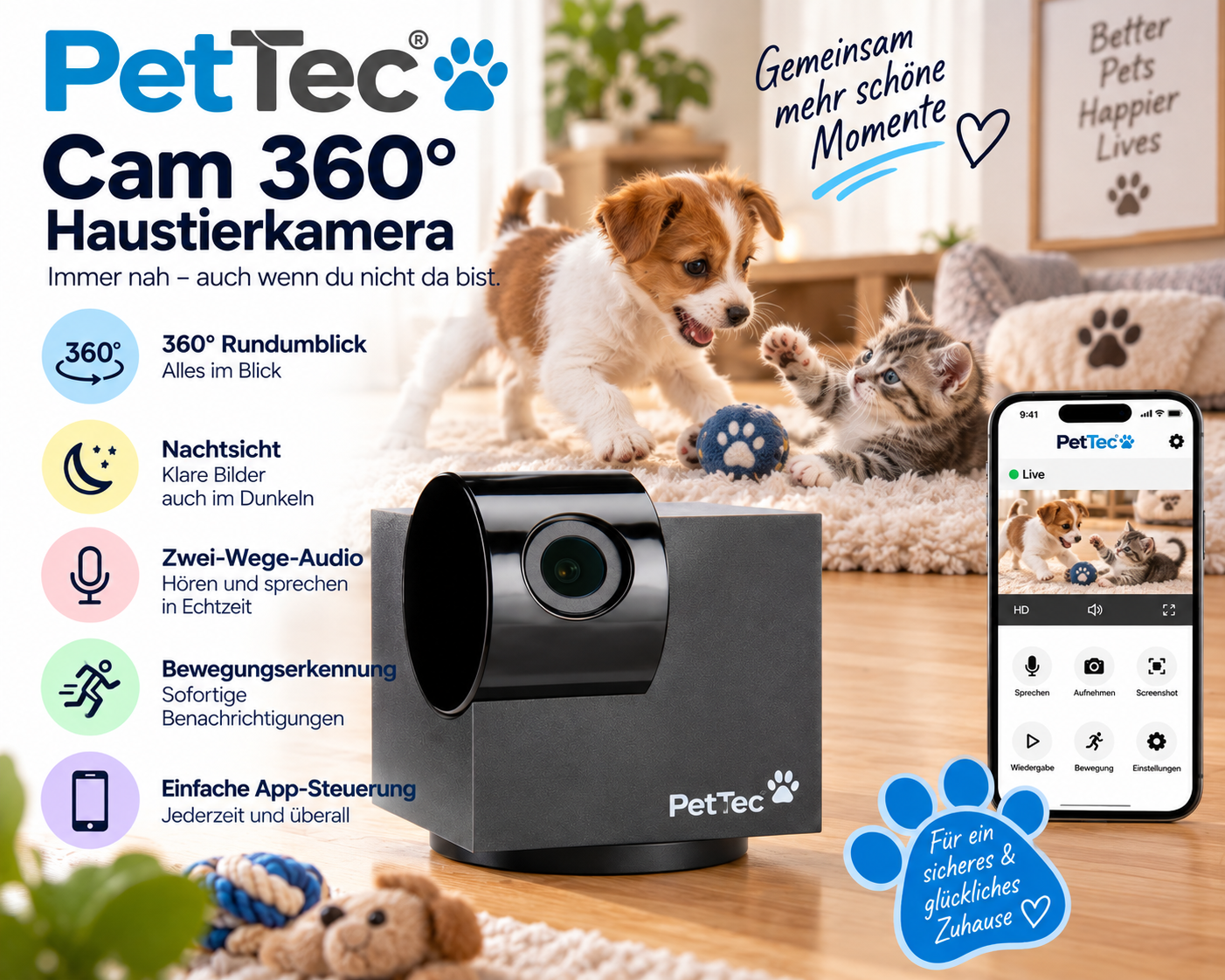 PetTec Cam 360 Grad Haustierkamera für Katzen und Hunde