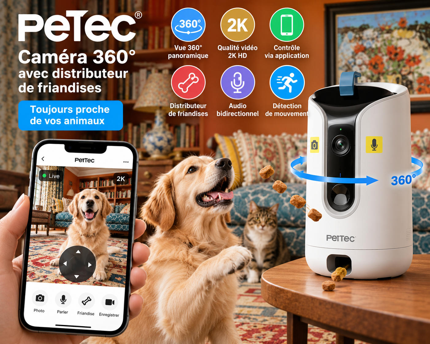 Caméra PetTec 360° pour chien et chat avec distributeur de friandises