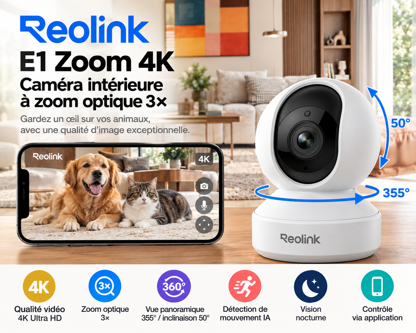 Caméra intérieure Reolink E1 Zoom 4K blanche avec zoom optique 3× pour surveiller les animaux