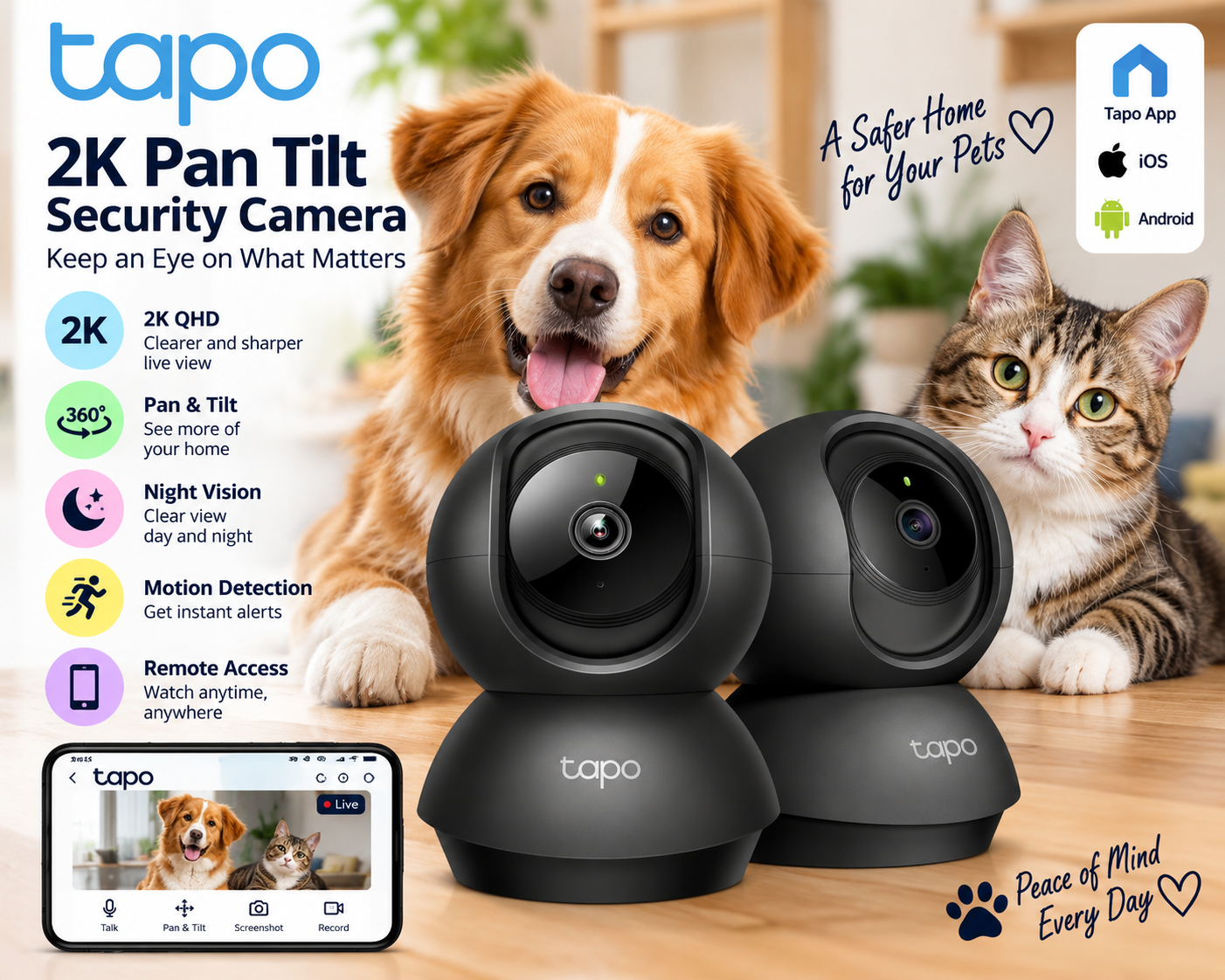 Lot de deux caméras intérieures Tapo C211 noires pour surveiller chien et chat