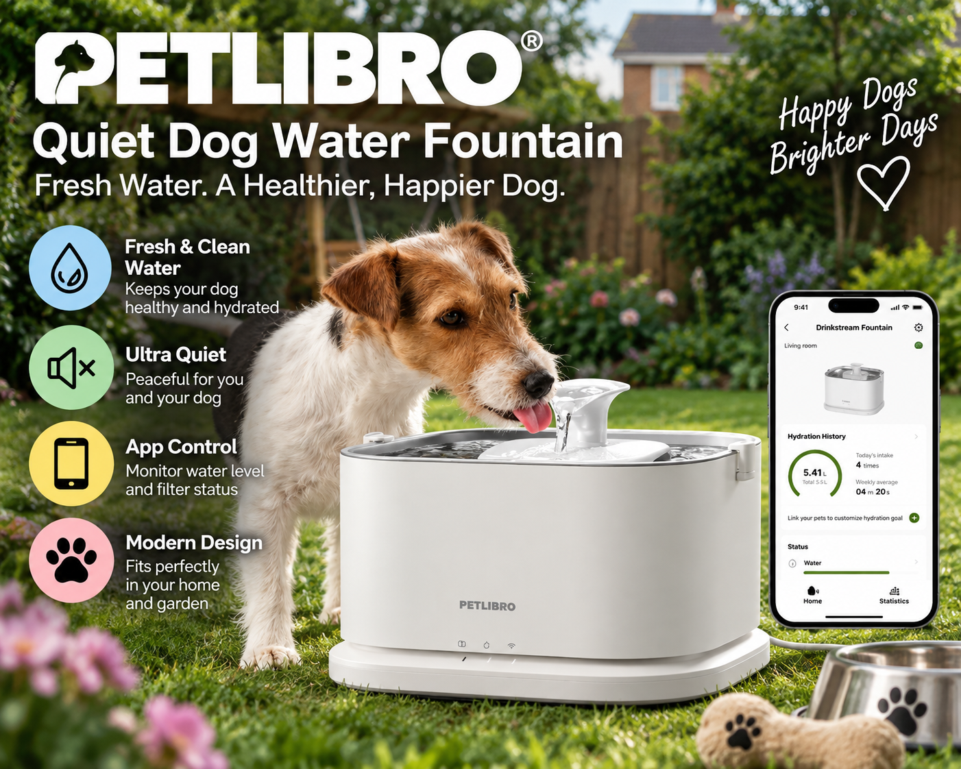 PETLIBRO 3L Quiet Dog Water Fountain with App Monitoring