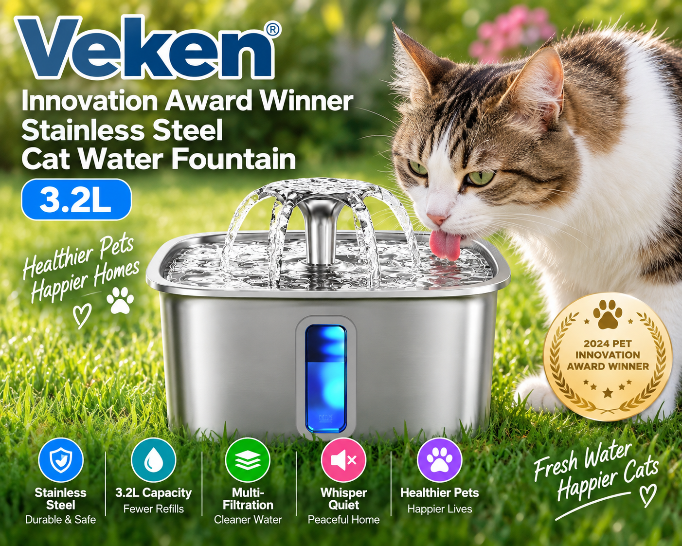 Veken 3.2L stainless steel cat water fountain with multi-stage filtration