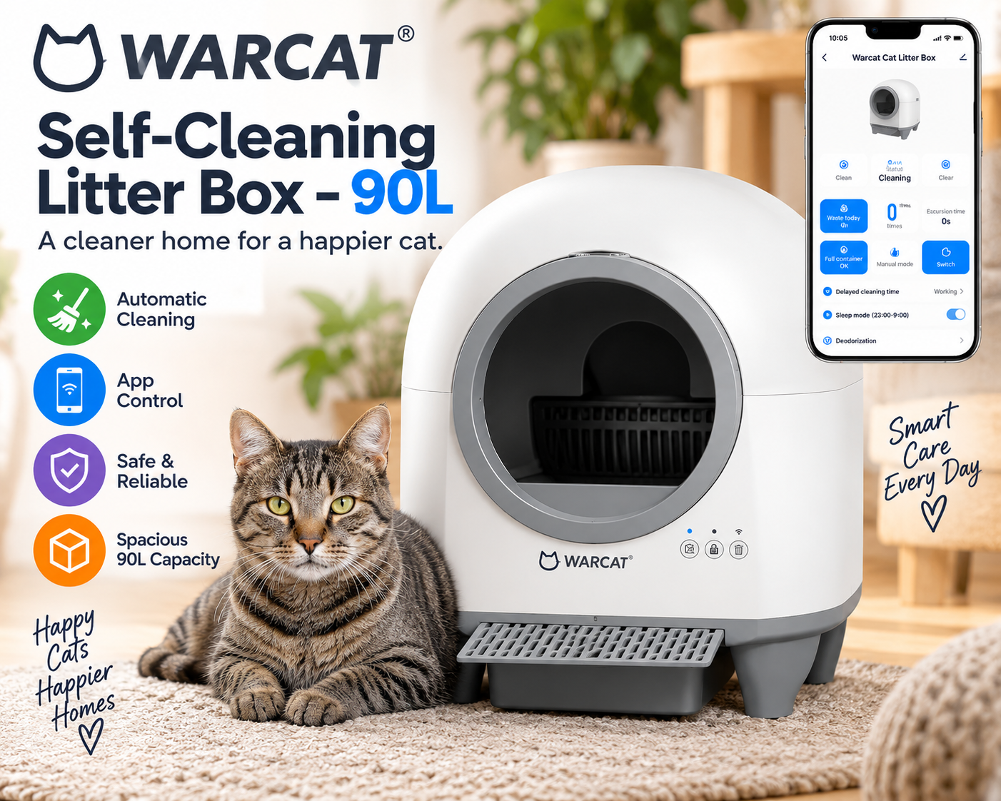 WARCAT 90L self-cleaning litter box with app control and safety sensors