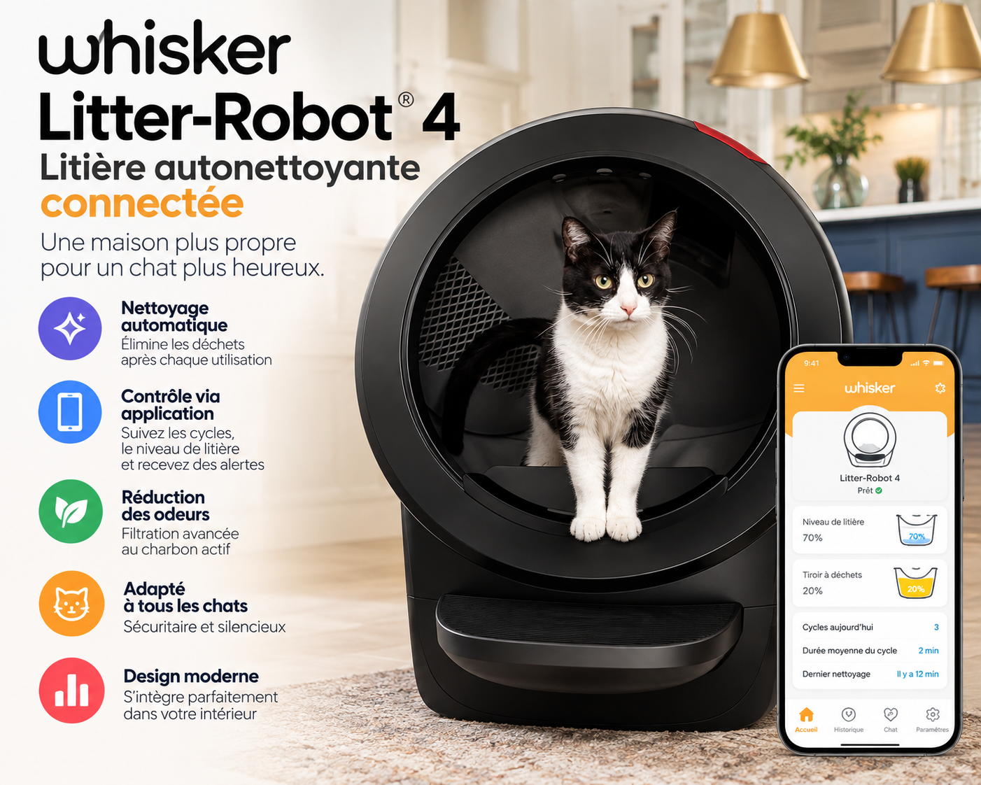 Litière autonettoyante Whisker Litter-Robot 4 noire avec marche et barrière pour chat