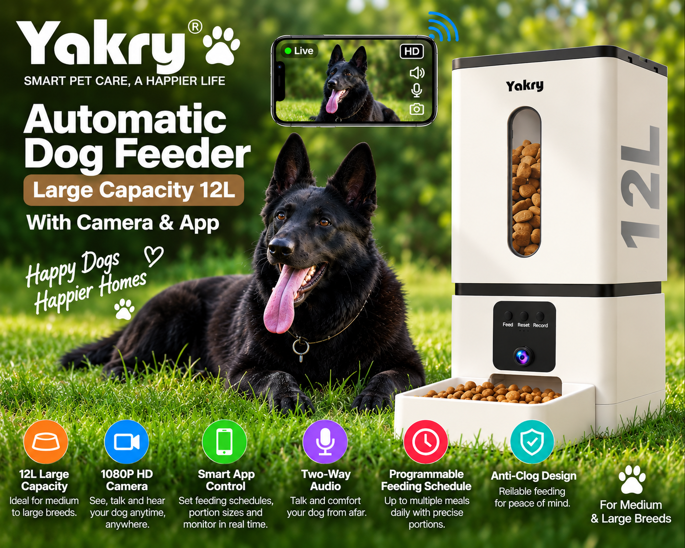 Yakry 12L automatic dog feeder with 1080P camera and app control